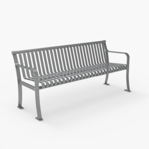 A metal slatted park bench with armrests at both ends, shown against a plain white background.