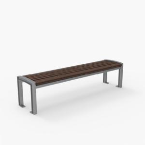 A rectangular bench with a dark wooden slatted seat and a metal frame on a white background.