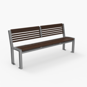 A metal-framed bench with dark wooden slats for the seat and backrest, shown against a plain white background.