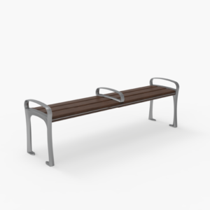A modern outdoor bench with a dark wooden seat, metal frame, and armrests at both ends and the center, set against a plain white background.