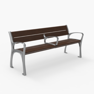 A metal and wood park bench with armrests and a center divider, set against a plain white background.
