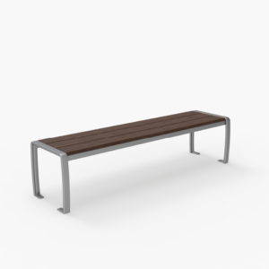 A modern outdoor bench with a metal frame and three wooden slats, set against a plain white background.