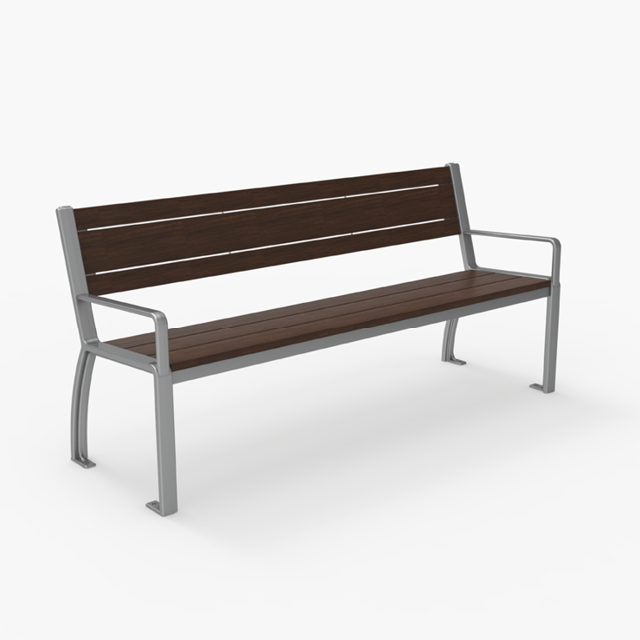 A metal-framed bench with dark wooden slats for the seat and backrest, shown against a plain white background.