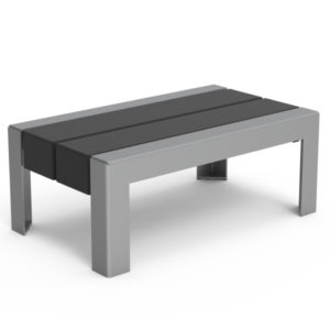 A modern rectangular bench with a gray metal frame and two wide black slats on top, designed for indoor or outdoor seating.