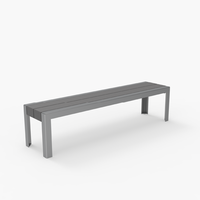 A simple, rectangular, gray metal bench with four straight legs and a slatted seat, shown on a white background.
