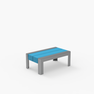 Un banc rectangulaire avec un cadre gris et des lattes d'assise bleues, sur un fond blanc uni.