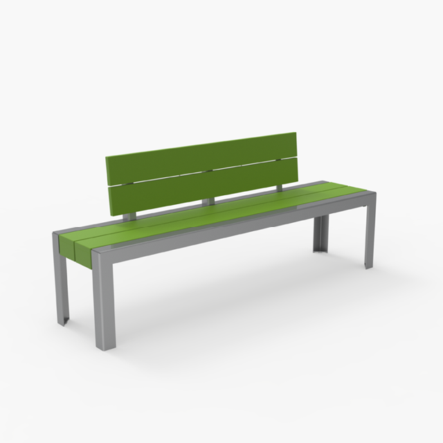 A modern bench with a green seat and backrest, supported by a gray metal frame, shown on a plain white background.