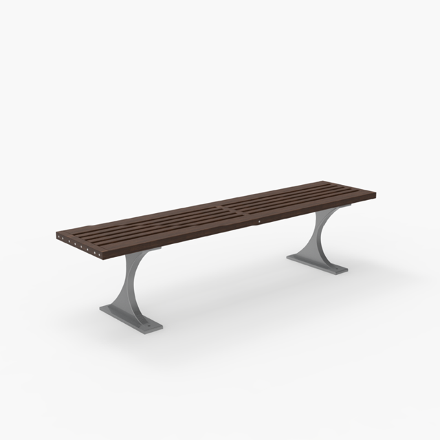 A modern bench with a dark wooden slatted seat and two metal supports on each end, set against a plain white background.