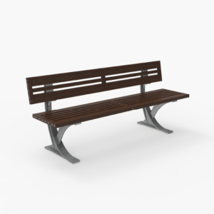 A modern outdoor bench with a dark wooden seat and backrest, supported by silver metal legs, pictured on a white background.
