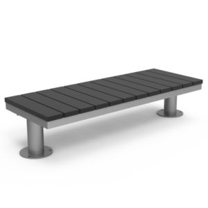 Banc d'extérieur moderne avec une assise plate à lattes noires et des pieds cylindriques en métal argenté montés sur des bases rondes.