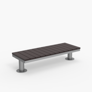 Banc d'extérieur bas et rectangulaire avec une assise en lattes foncées et des pieds cylindriques en métal sur fond blanc.