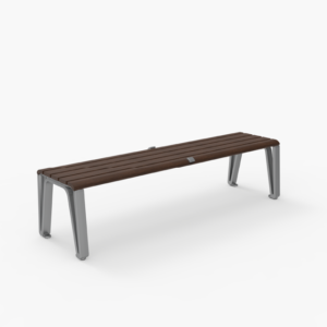 A modern bench with a dark wooden slatted seat and sturdy metal legs, set against a plain white background.