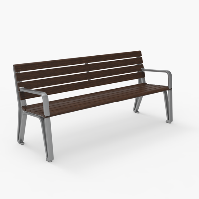 A modern outdoor bench with dark wooden slats and metal frame, shown against a plain white background.