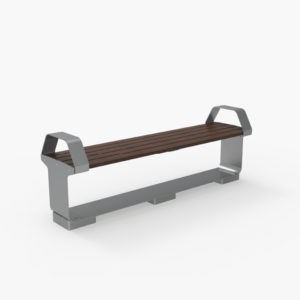 A modern outdoor bench with a metal frame, armrests, and a seat made of parallel wooden slats, shown on a plain white background.