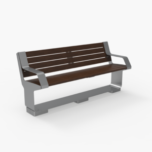 A modern park bench with a metallic frame and dark wooden seat and backrest, shown on a plain white background.