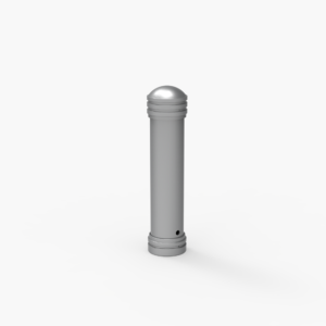 A cylindrical, metallic bollard with a rounded top and grooved details is centered on a plain white background.