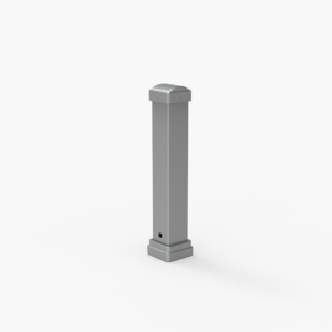 A gray rectangular metal bollard standing upright on a plain white background.