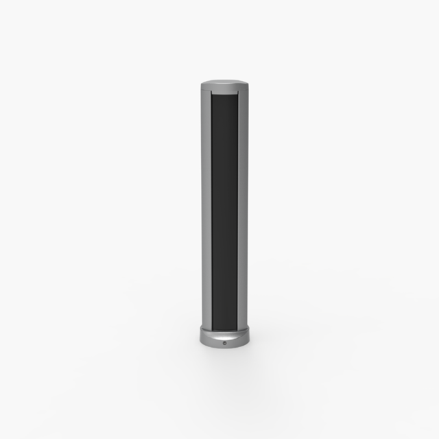 A tall, cylindrical, silver and black electronic device standing upright on a white background.