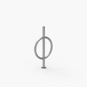 A metallic vertical pole with a circular ring intersecting it, standing upright on a flat, white background.
