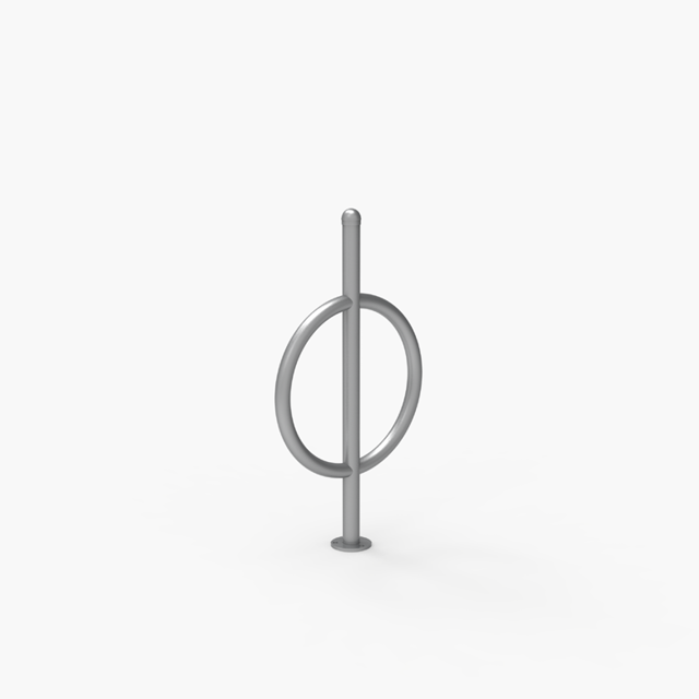 A metallic vertical pole with a circular ring intersecting it, standing upright on a flat, white background.