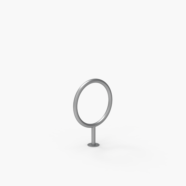 A metal circular bike rack with a single vertical post, set against a plain white background.
