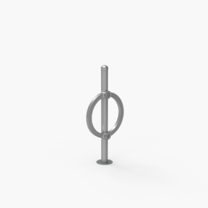 A silver metal post with a circular ring attached horizontally in the center, standing on a round base against a plain white background.