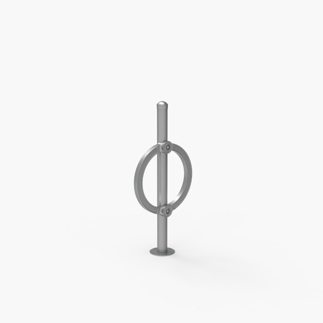 Un poteau métallique vertical avec un anneau circulaire fixé en son centre, les deux éléments sont métalliques et de conception simple, sur un fond blanc.