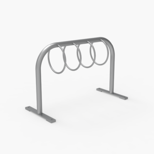 A metal bike rack with four circular loops attached to a horizontal bar, designed for parking and securing bicycles.