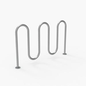 A silver, wave-shaped metal bike rack is shown against a plain white background.