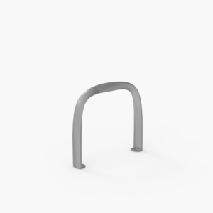A gray, U-shaped metal bike rack stands on a plain white background.