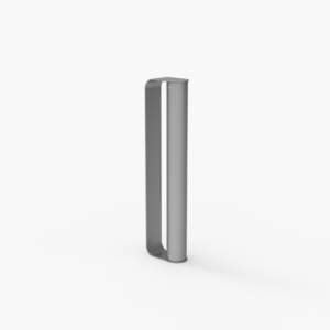 Une poignée élégante, verticale, gris métallisé, de forme rectangulaire arrondie, se tenant debout sur un fond blanc uni.
