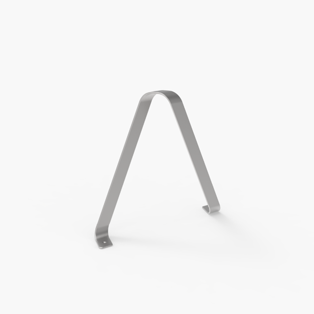 A metal A-shaped bike rack with two mounting plates at the base on a plain white background.