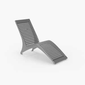 A modern, gray, slatted outdoor lounge chair with a curved design, shown on a plain white background.