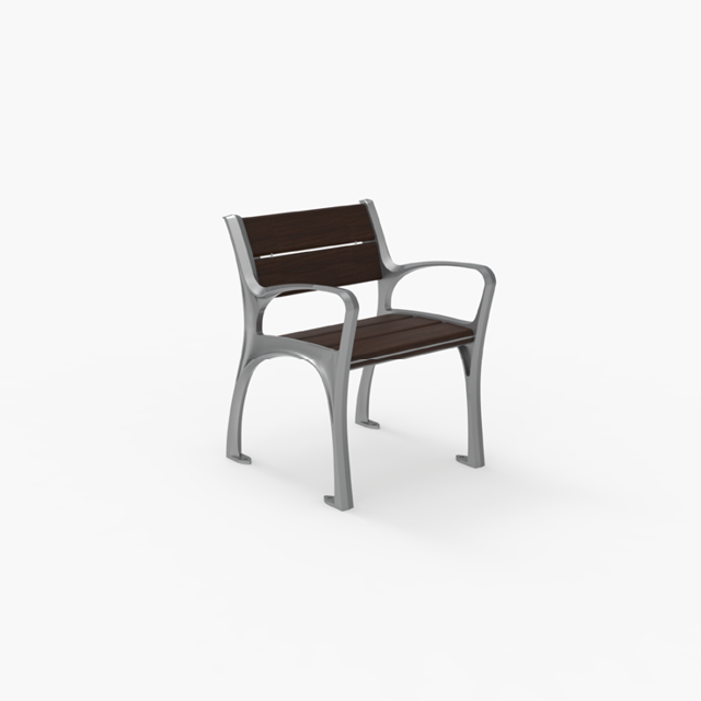 Chaise à structure métallique, assise et dossier en lattes de bois, avec accoudoirs, sur fond blanc uni.