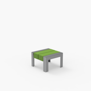 Petit tabouret moderne de forme carrée, avec une assise coussinée verte et une structure grise, sur un fond blanc uni.