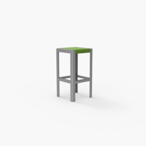 A tall, minimalist stool with a square green seat and gray metal legs, set against a plain white background.