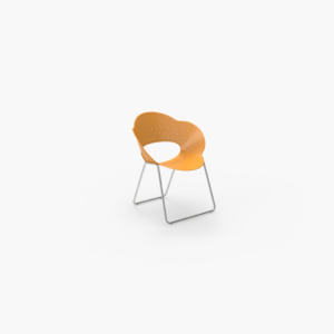 A modern chair with an orange, perforated plastic seat and white metal legs is shown against a plain white background.