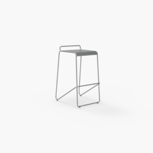 A minimalist metal bar stool with a rectangular seat, open backrest, and thin, geometric frame, shown against a plain white background.