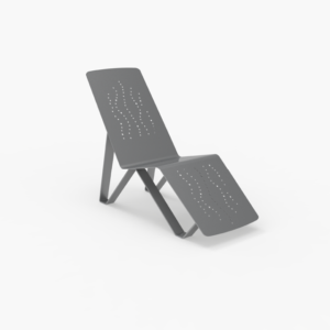 A modern, gray metal lounge chair with a perforated wavy pattern on the seat and backrest, set against a plain white background.