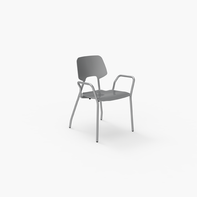 A gray metal chair with armrests and a slightly curved backrest, set against a plain white background.
