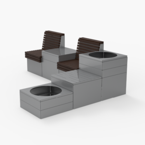 Modular outdoor seating with two backrests, wooden slats, elevated platforms, and built-in circular planters, all in a metallic finish.