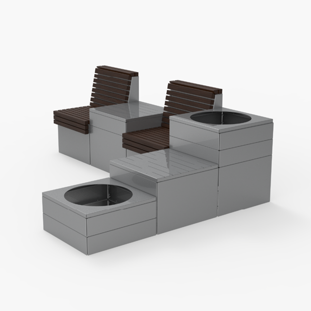 Modular outdoor seating with two backrests, wooden slats, elevated platforms, and built-in circular planters, all in a metallic finish.