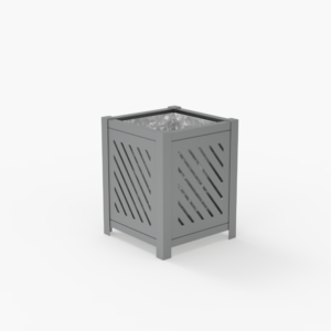 Square gray metal planter with diagonal slat-design sides, filled with small light-colored rocks, placed on a plain white background.