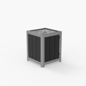 A square, black and gray outdoor planter box with vertical slats and a metal frame, photographed on a plain white background.