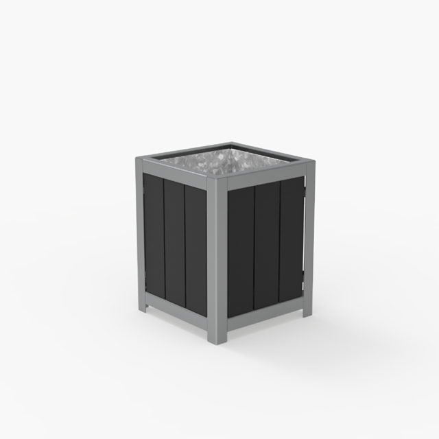 Jardinière carrée noire et grise avec un cadre métallique et des lattes verticales, placée sur un fond blanc uni.