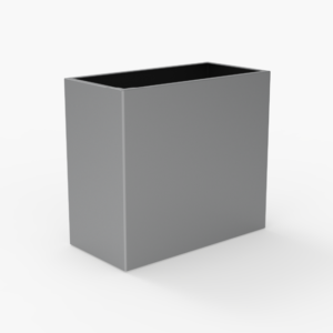 A plain, rectangular, gray metal box or container with an open top, shown against a white background.