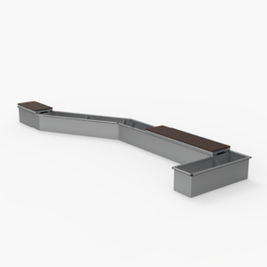 Un système de jardinières en métal composé de trois sections rectangulaires reliées entre elles et de différentes hauteurs, chacune étant surmontée d'un banc en bois sur l'un de ses côtés.