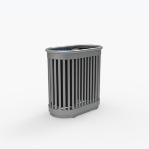 A modern, oval-shaped trash bin with vertical slats and an open top, shown against a plain white background.