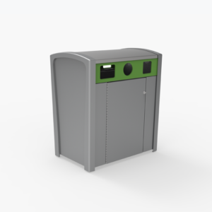 Une poubelle extérieure grise et verte pour le recyclage et les déchets, avec des fentes séparées pour les différents types de matériaux recyclables et de déchets.
