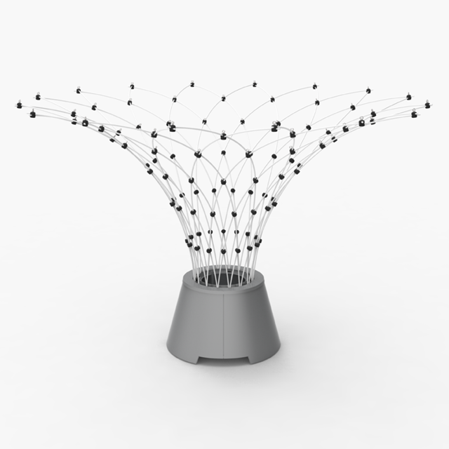 A gray, funnel-shaped base supports an upward and outward array of thin rods connected by wires and small black nodes, forming a geometric, net-like structure.